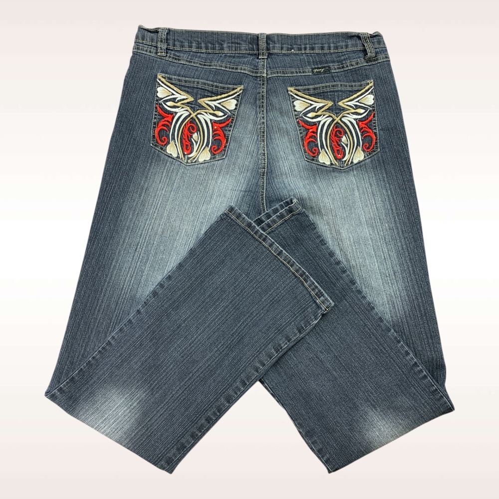 Paco Jeans Womens‎ 33x31 Blue Bootcut Stretch Embroidered Wings Western Y2K - Picture 3 of 15